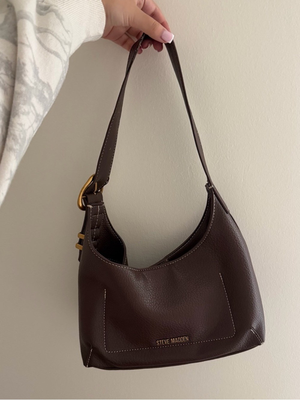 Steve Madden Dark Brown Pebbled Leather Shoulder Bag with Gold Hardware